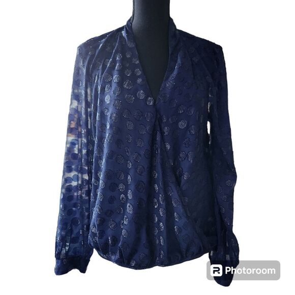 JLO Shimmering Crossover top Polka Dot Blue Long Sleeves Drape Front Blouse Sz L - Picture 3 of 10